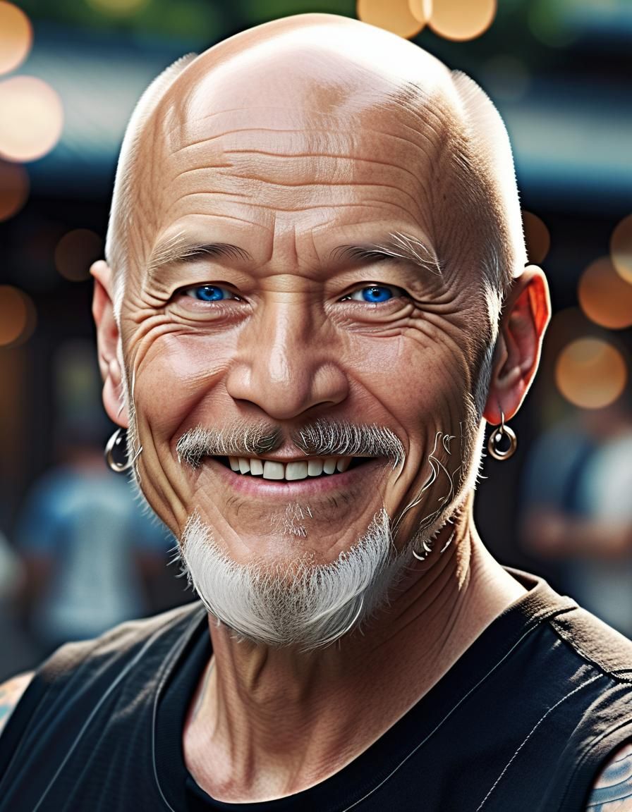 Photorealistic Portrait of Smiling Man with Dragon Tattoos