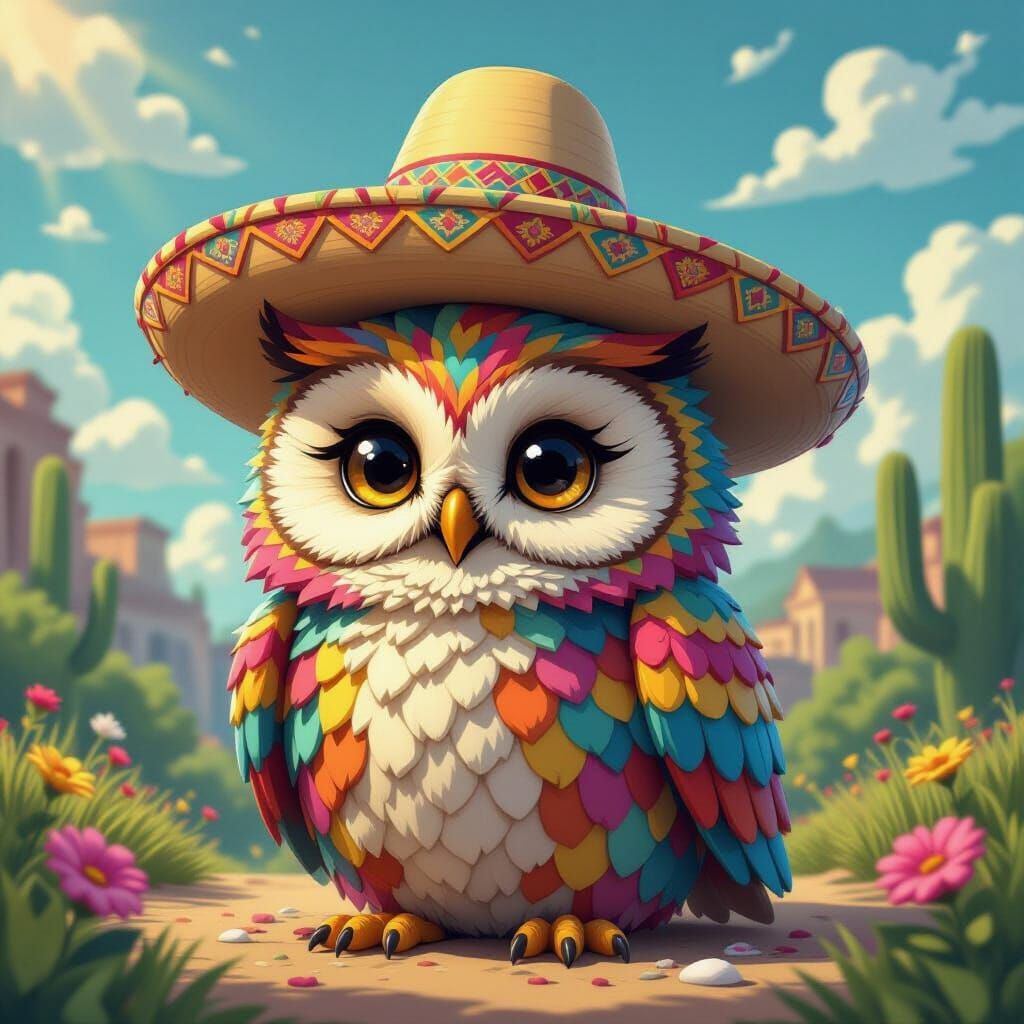 Cute Cross-Stitch Owl in Mexican Hat, Candy Art Style