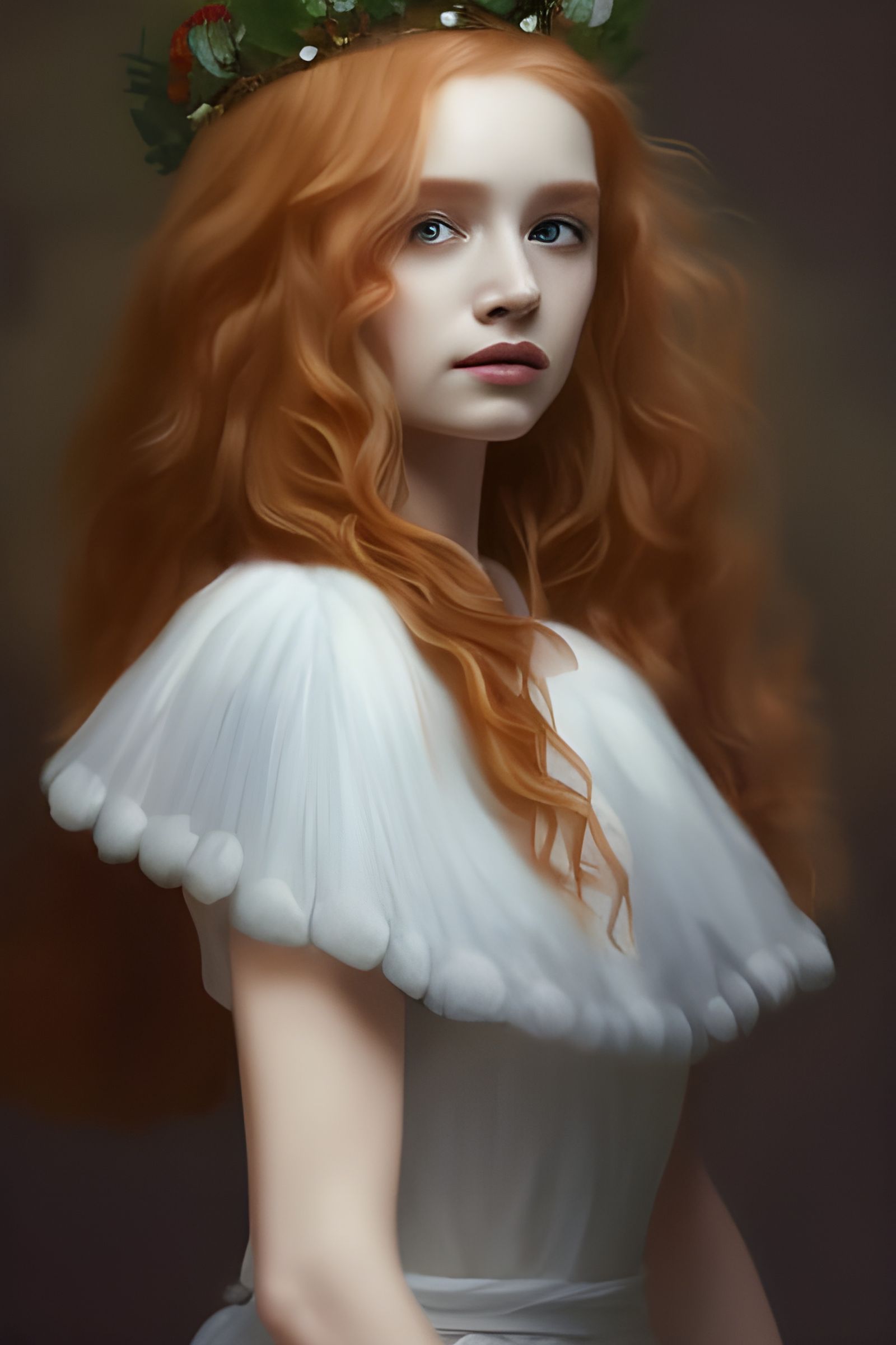 RedHead girl in Pearl White Dress