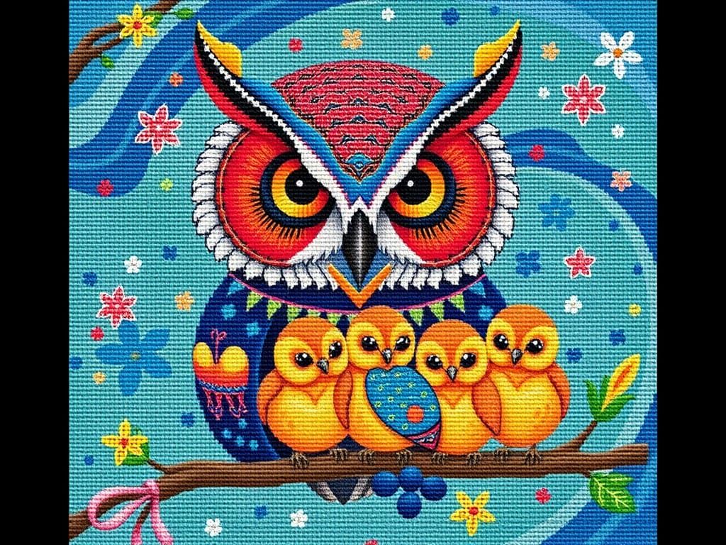 Anime-Inspired Needlepoint Portrait of Mother Owl with Chick...