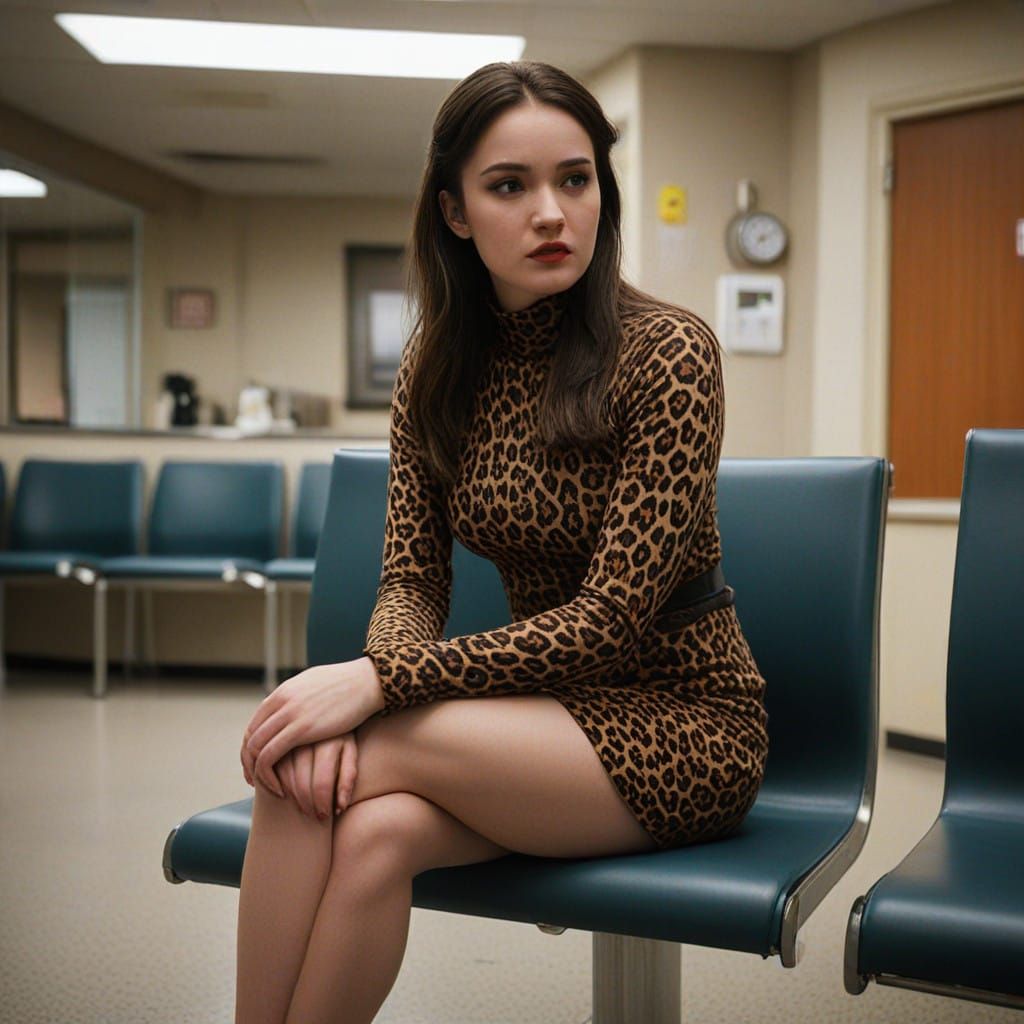 Chubby Girl in Leopard Turtleneck, Miniskirt, and Red Lipsti...