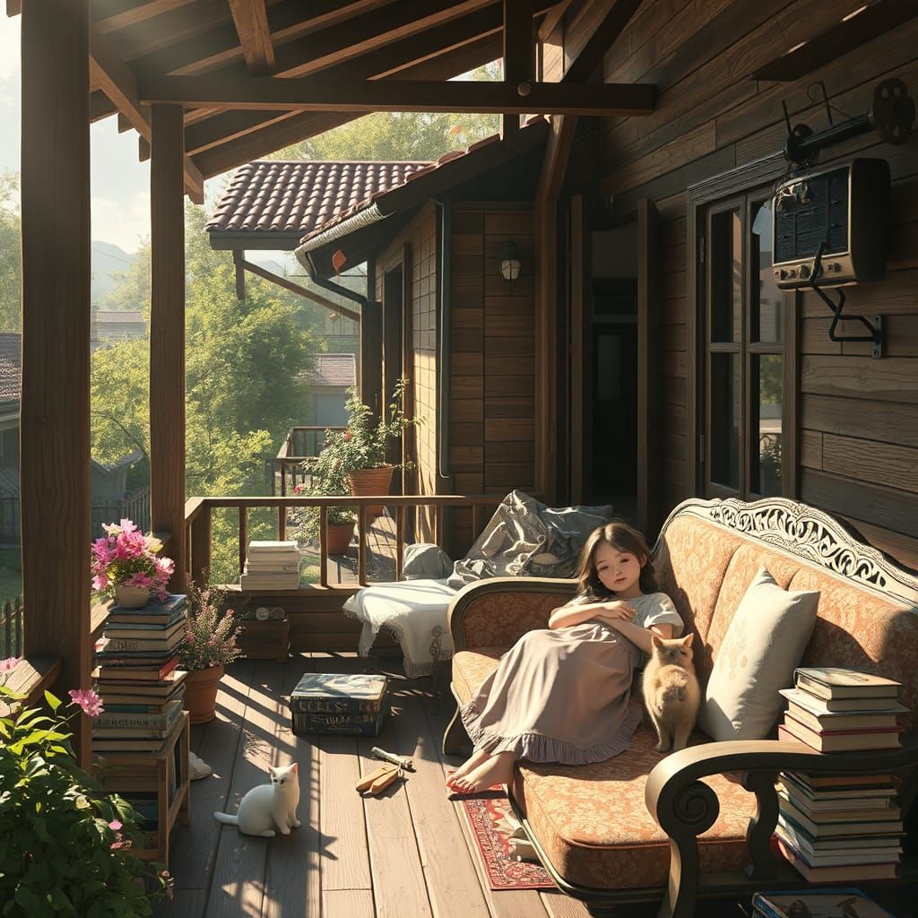 Girl Relaxing on Balcony in Art Nouveau Style