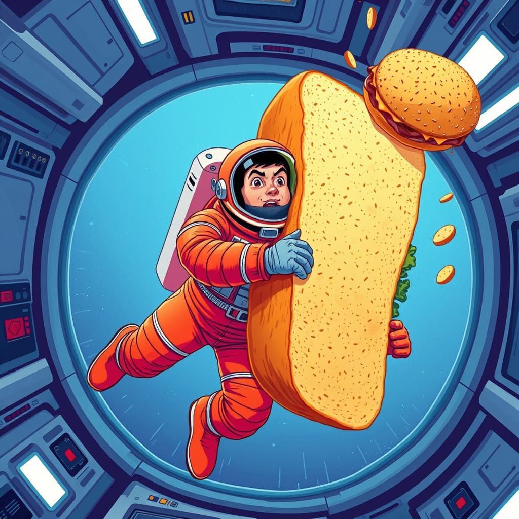 Astronaut Chases Giant Sandwich in Retro Space Station