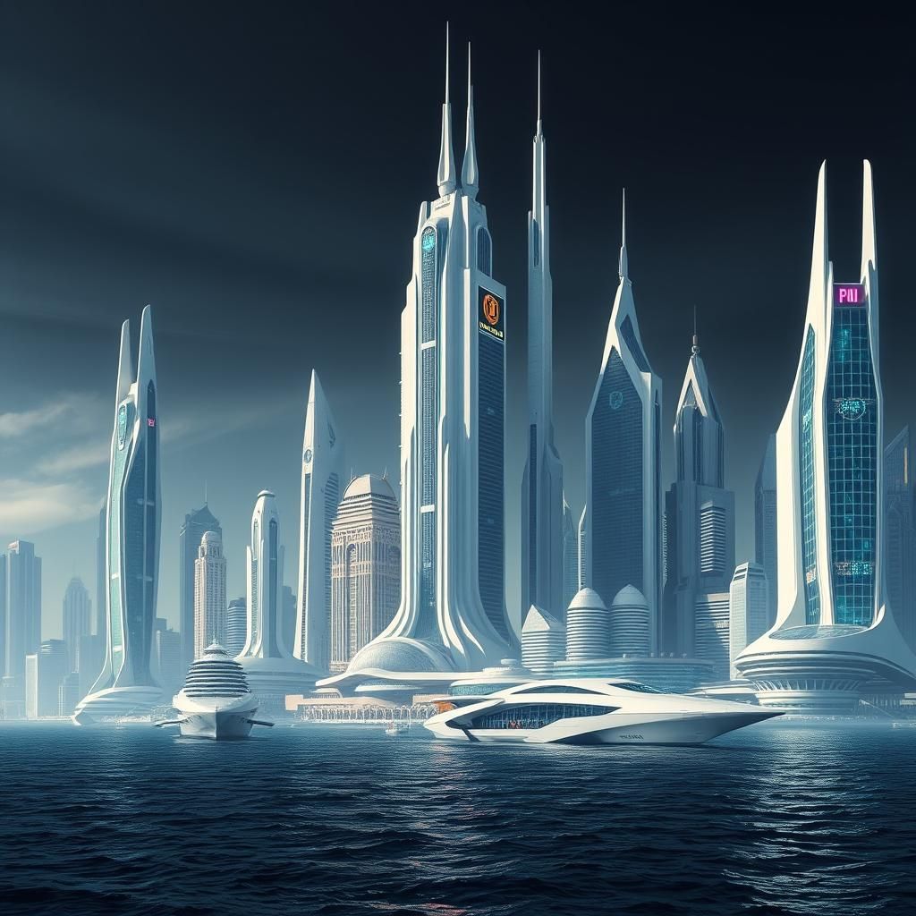 Futuristic Art Deco Cityscape with Sci-Fi Ships