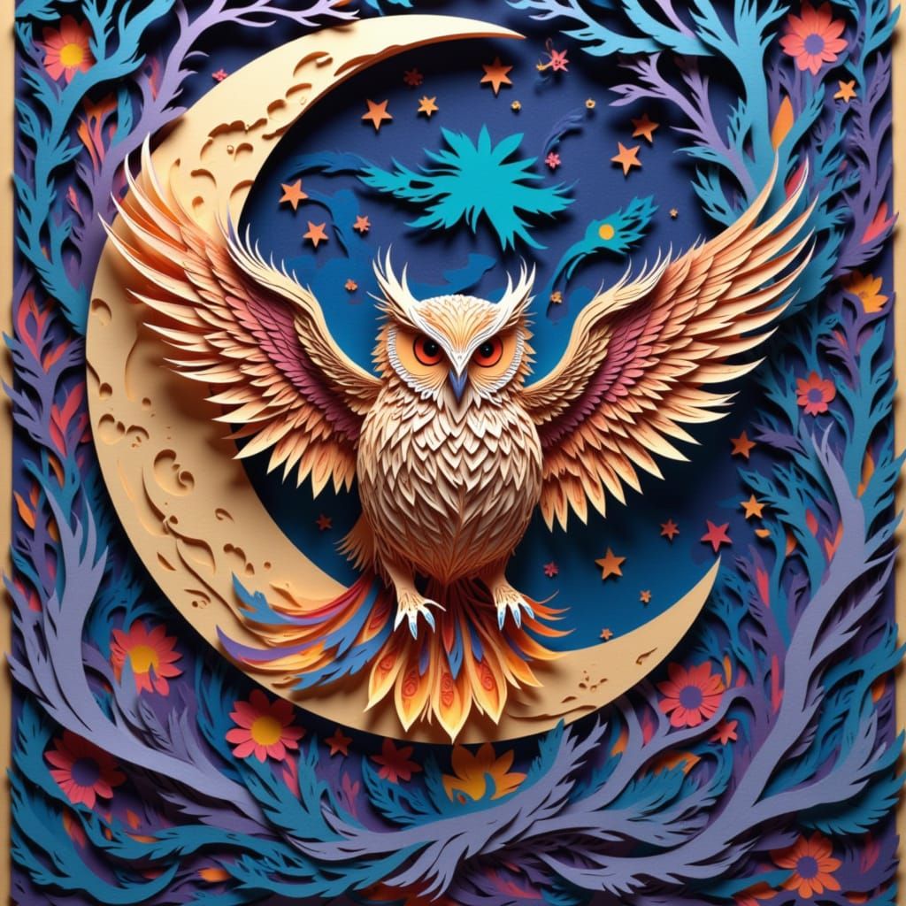 Cosmic Kirigami Owl on Moon in Vibrant Nebulae