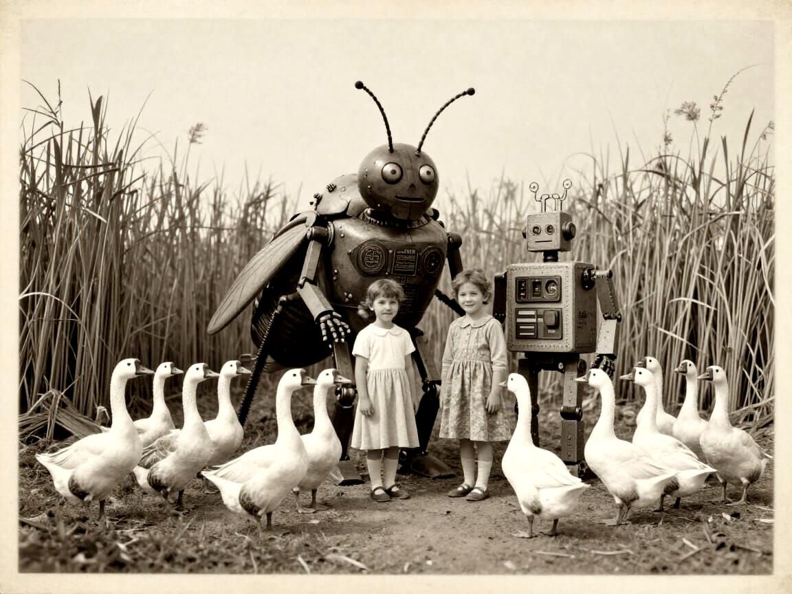 Folkloric Robots Family with Giant Insect in Sepia Tones