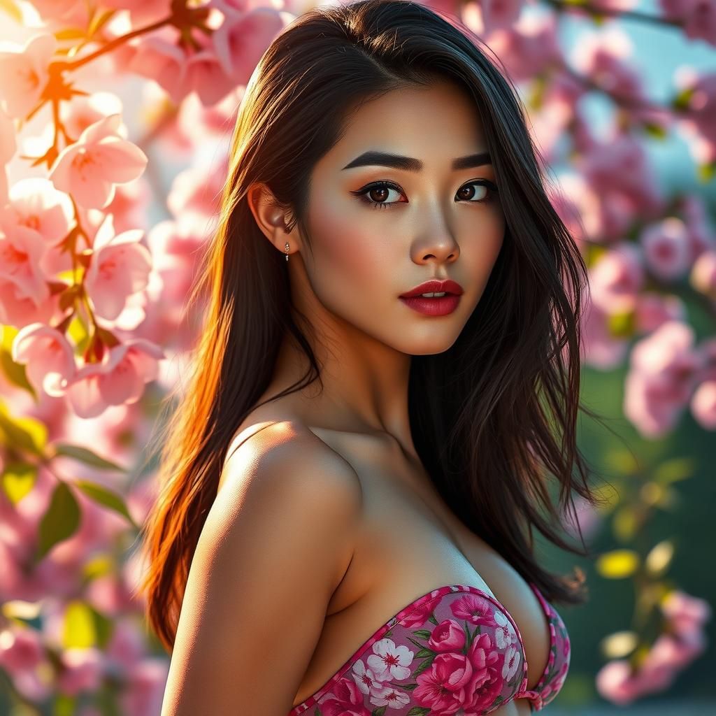 Cherry Blossom Bikini: Asian Beauty in Digital Art