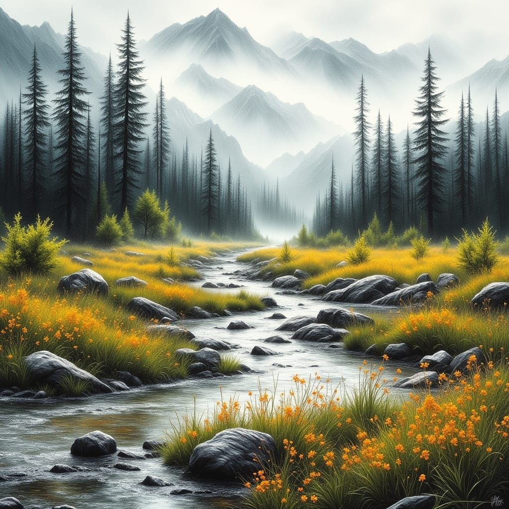 Taiga Forest Landscape with River as Gouache Painting