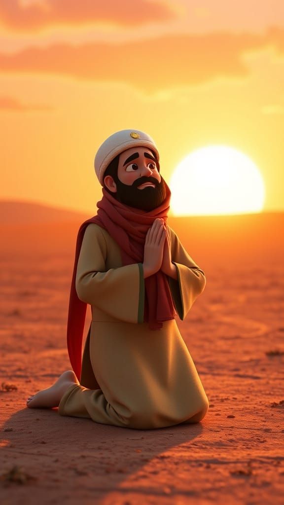 3D Render of Yunus Praying at Sunset