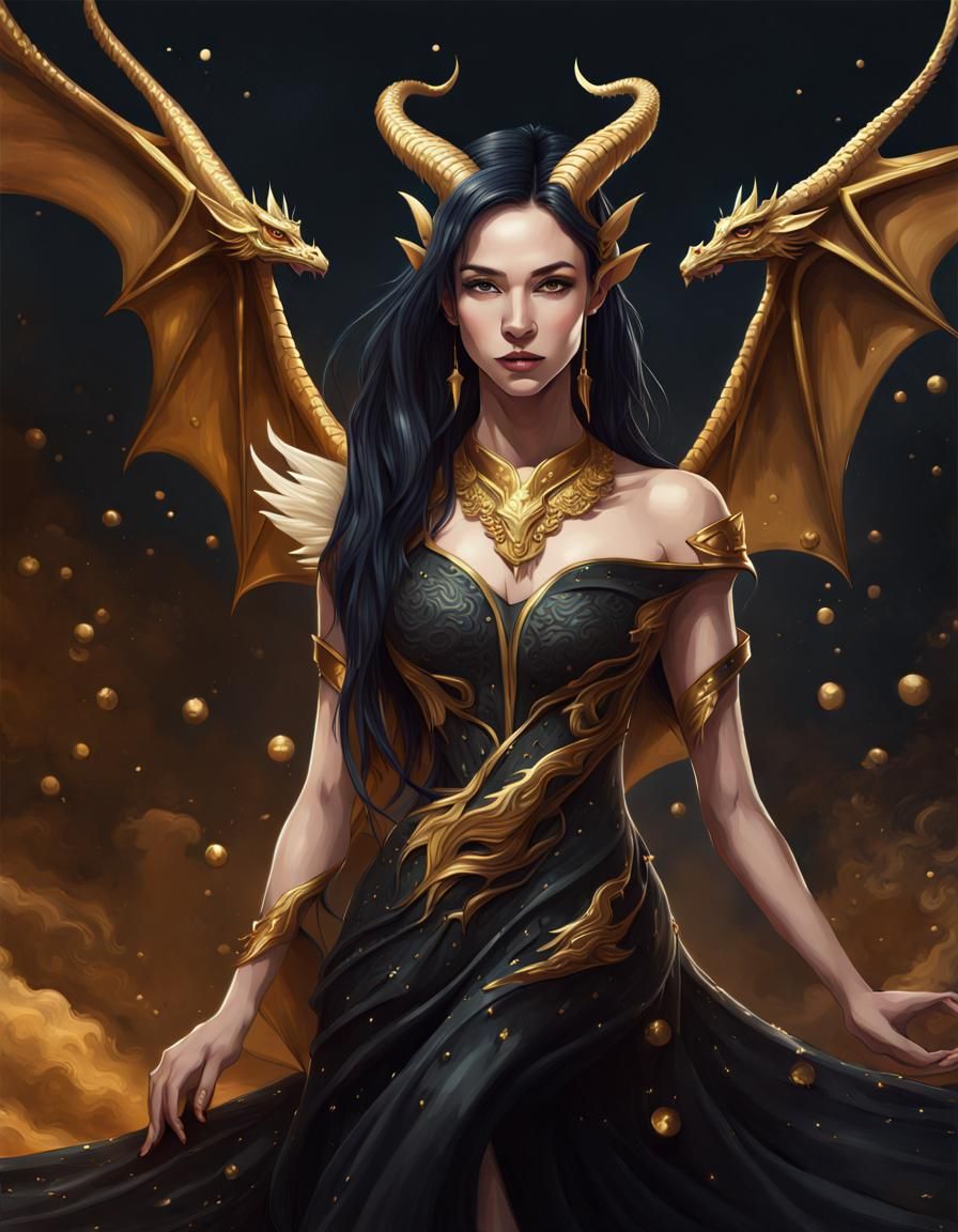 Dragon Woman in Black Dress, Hyperrealistic Splash Art