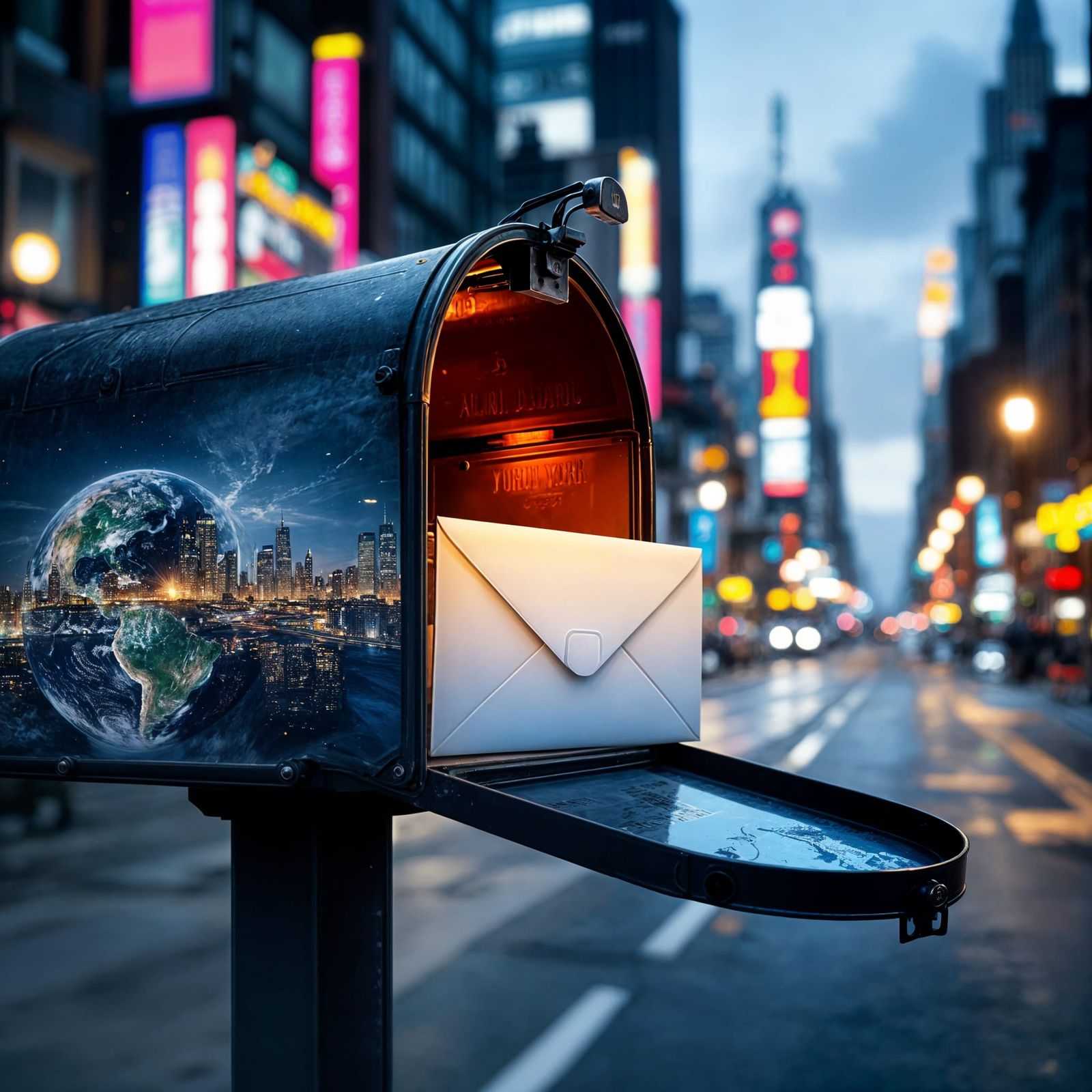 Downtown New York City Mailbox with Earthly Double Exposure