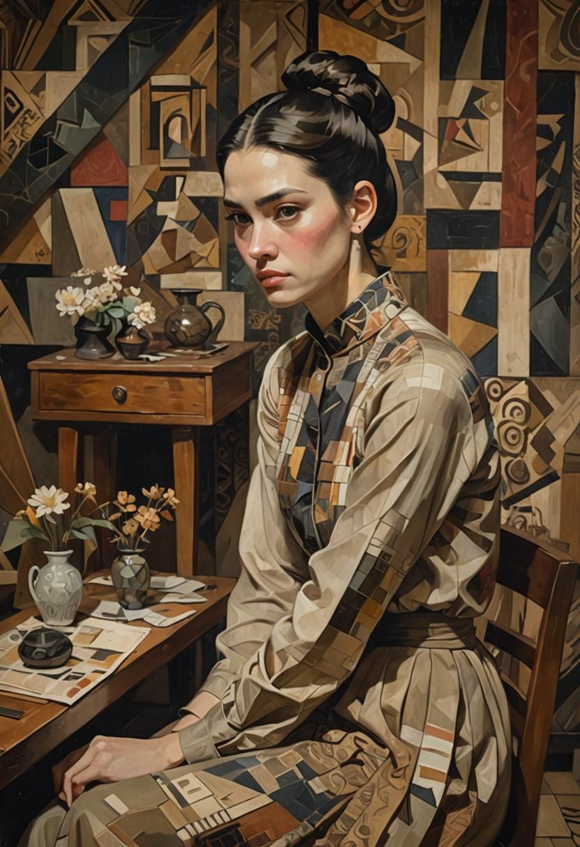Introspective Woman in Cubist Style, Earth Tones