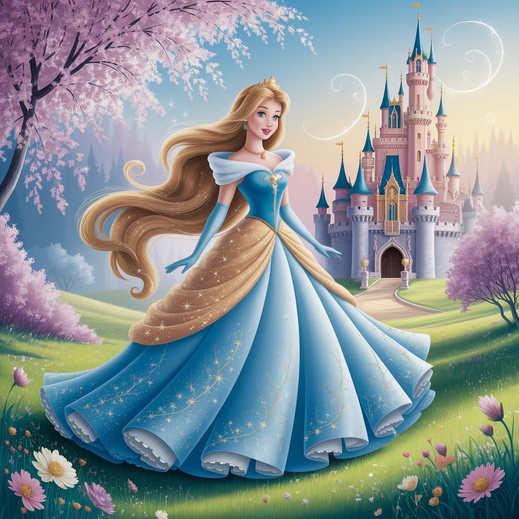 Disney Princess in Sunlit Meadow with Castle
