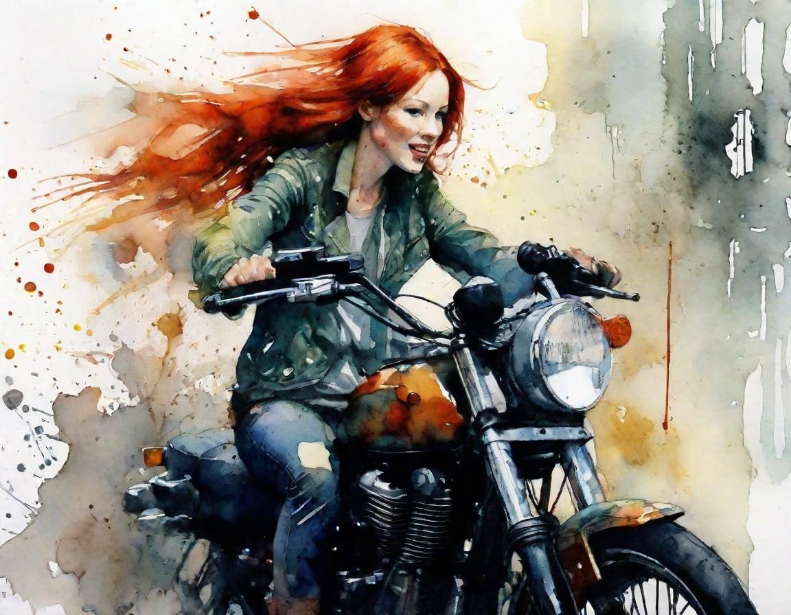 Redhead Girl on Motorcycle: Watercolor Art