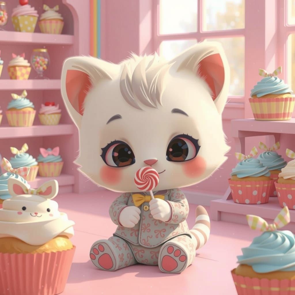 Cartoon Baby Cat Enjoys Candy in Store