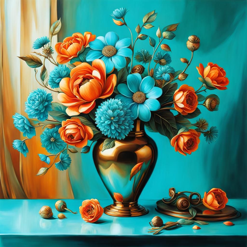 Metallic Steampunk Flowers in Turquoise Vase, Fantasycore St...