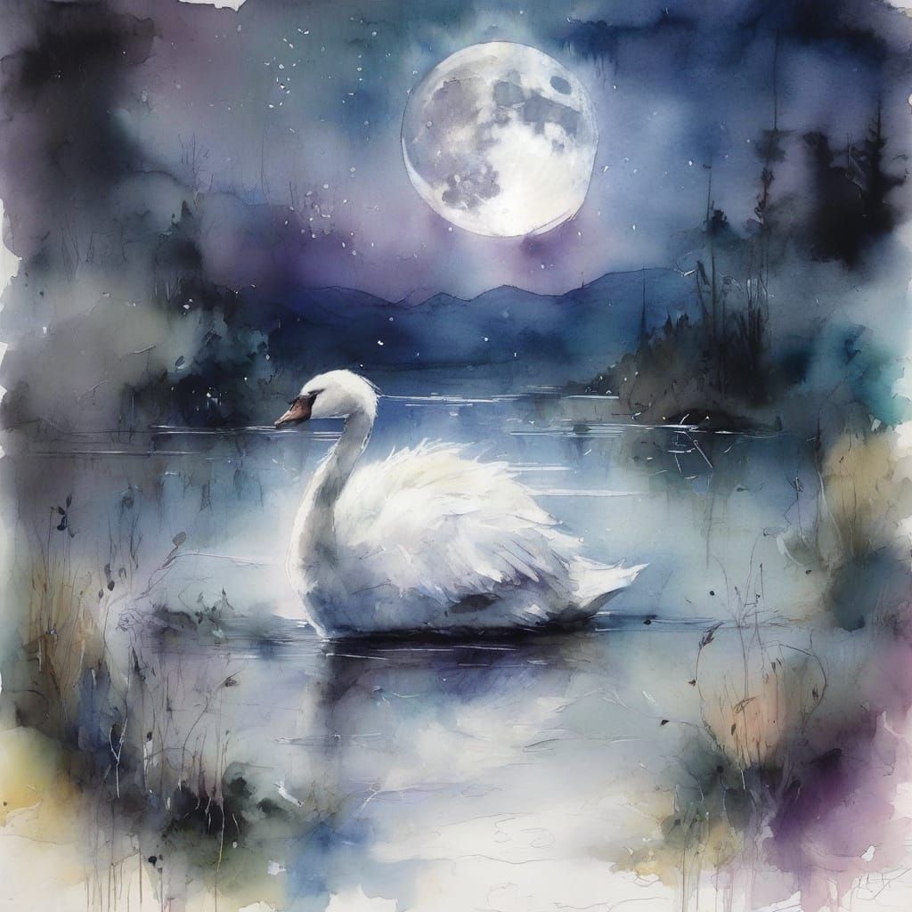 Serene Moonlit Lake Scene in Dreamy Watercolour