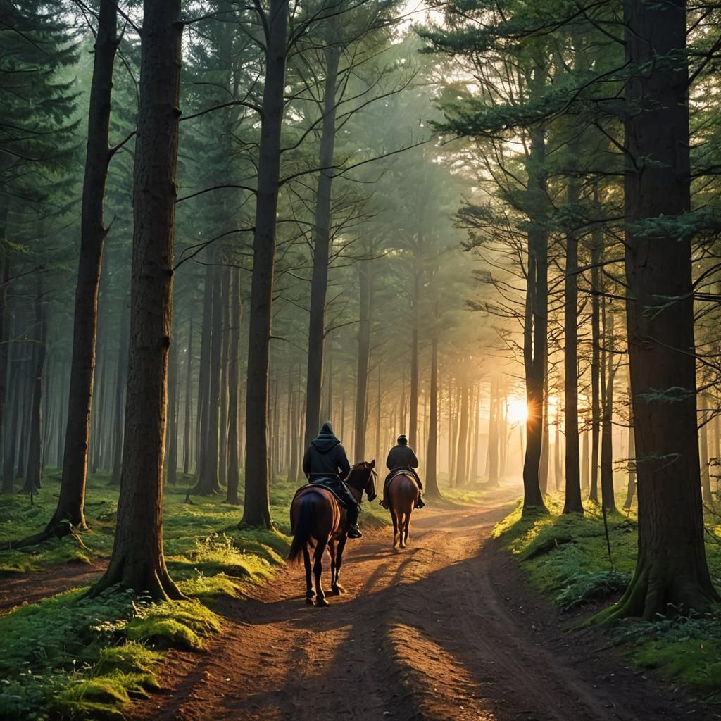 Hooded Rider on Forest Path at Sunrise