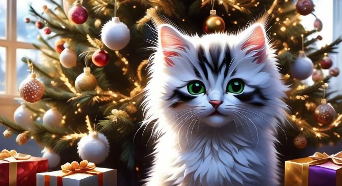 Vibrant Christmas Scene with Adorable Maincoon Kitten