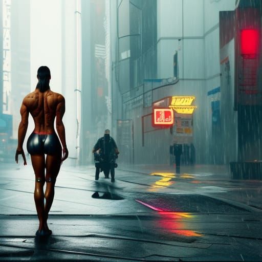 half cyborg, big wet muscular female bodybuilder, with body scars, waiting for taxi at crowded street, rainy day, 4k