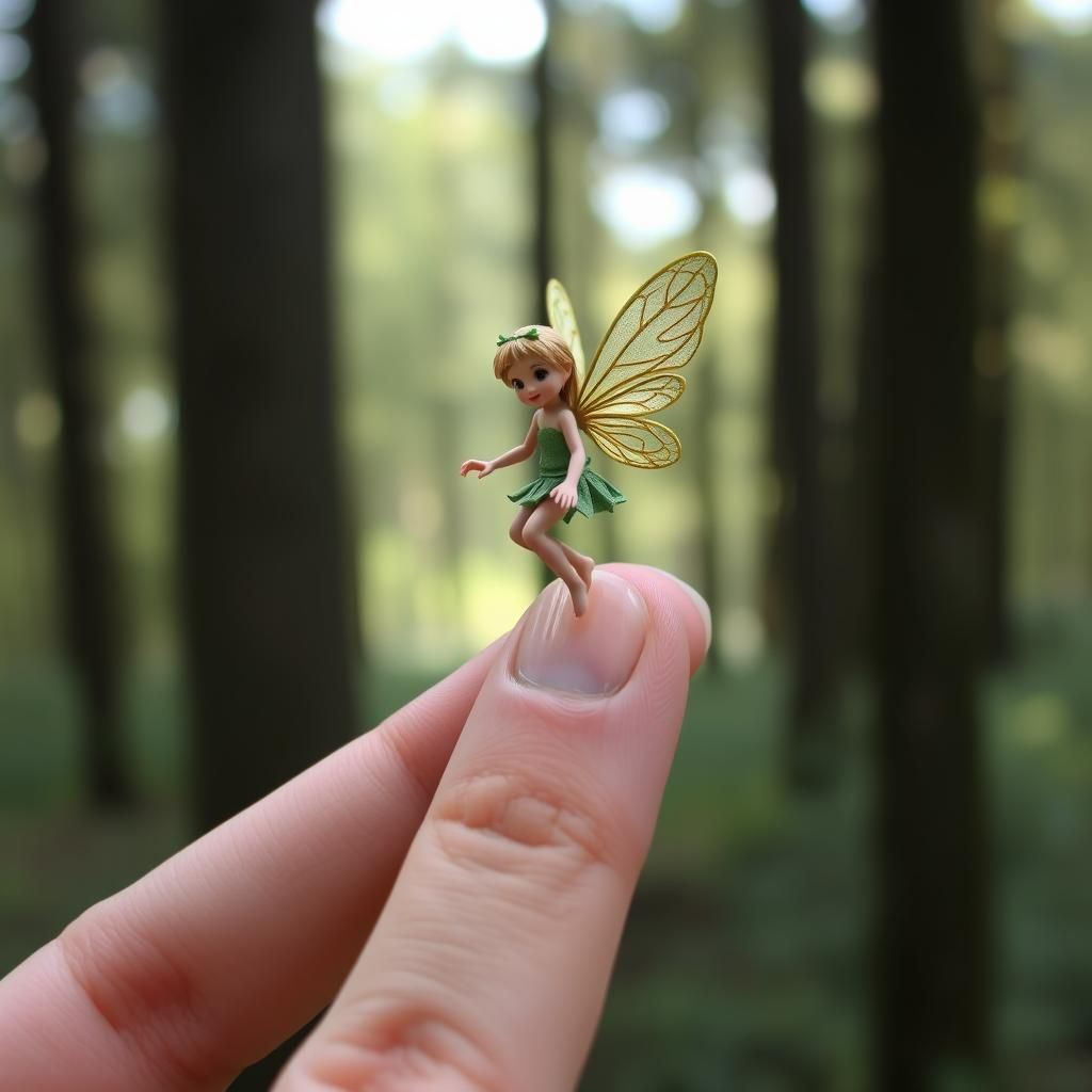 Hyperrealistic Fairy on a Finger in Forest