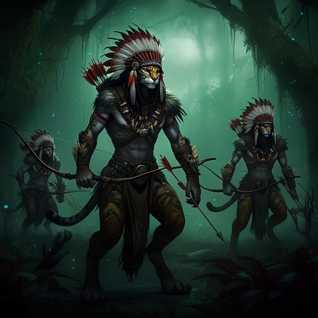 Navajo Werecat Warriors in Emerald Twilight Forest