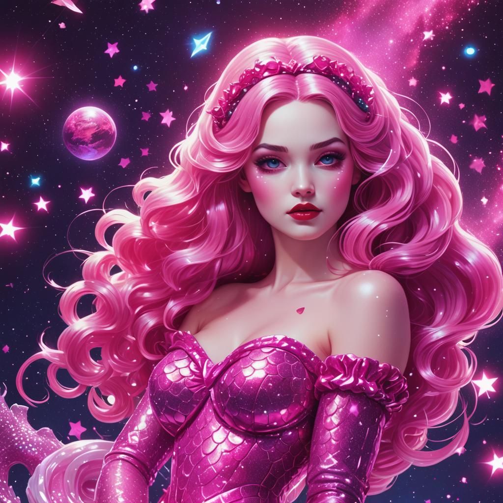 Snow White Space Mermaid in Synthwave Neon Style