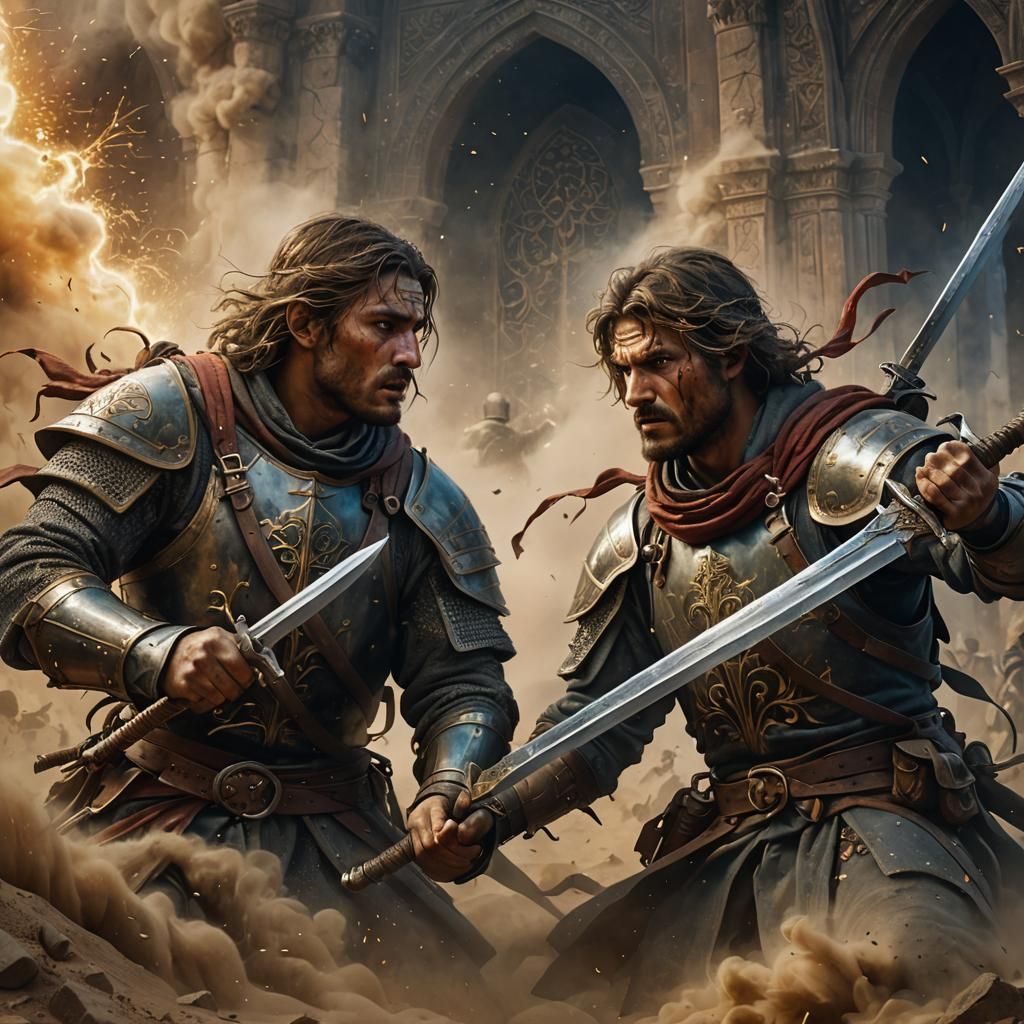Medieval Soldiers Duel in Dark Fantasy Landscape