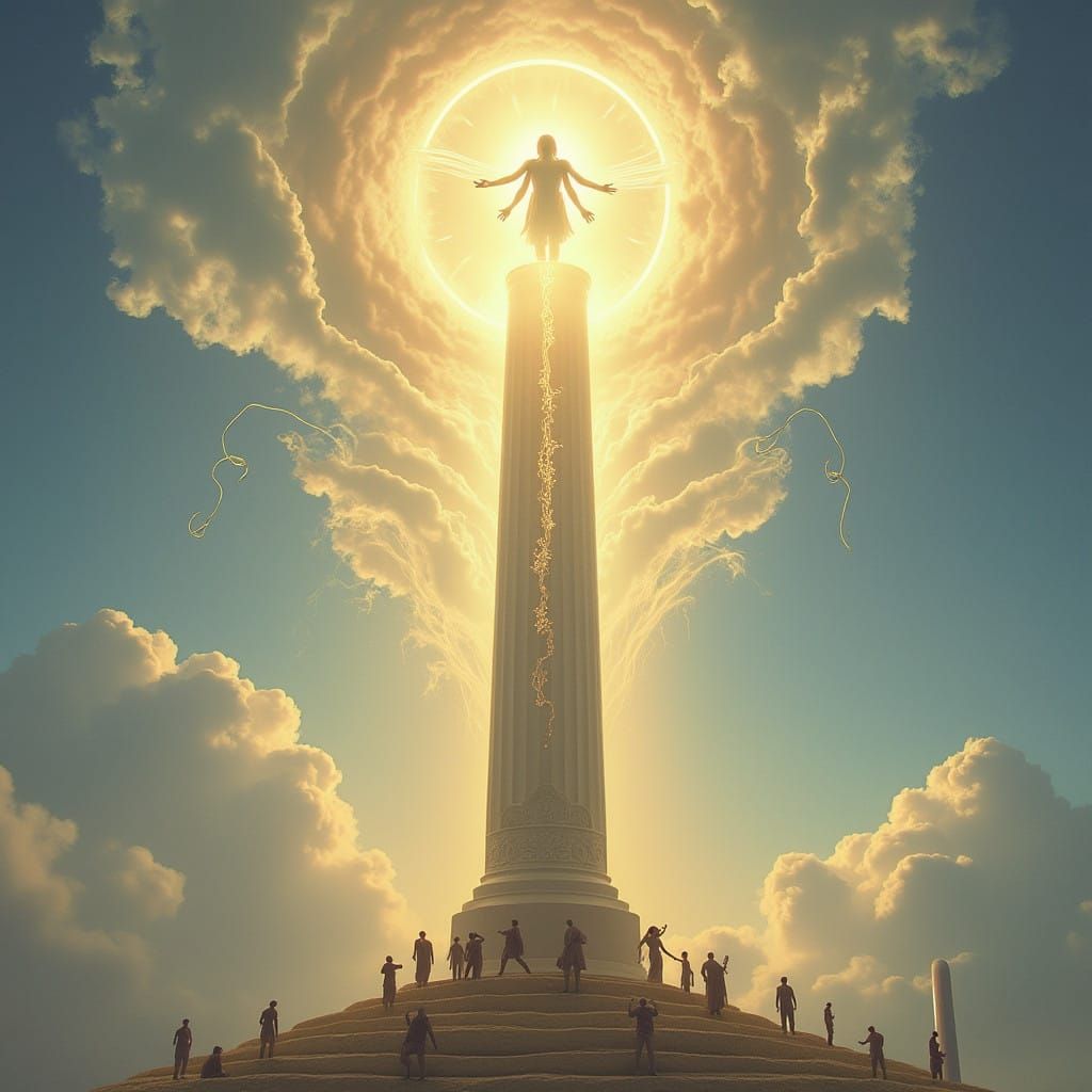 Serene Celestial Scene with Golden Light and Symbolic Pillar