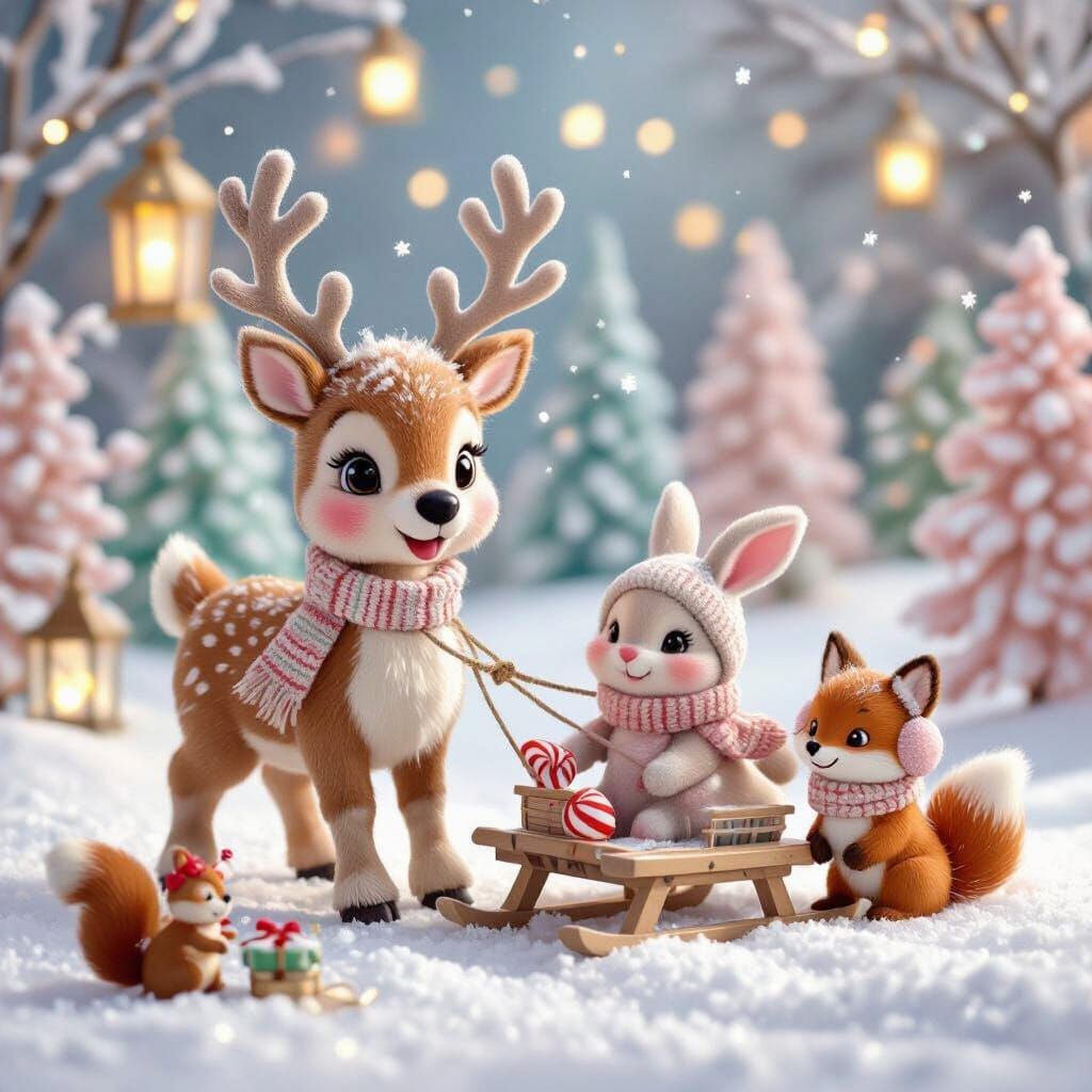 Joyful Reindeer Pulling Sled in Snowy Wonderland