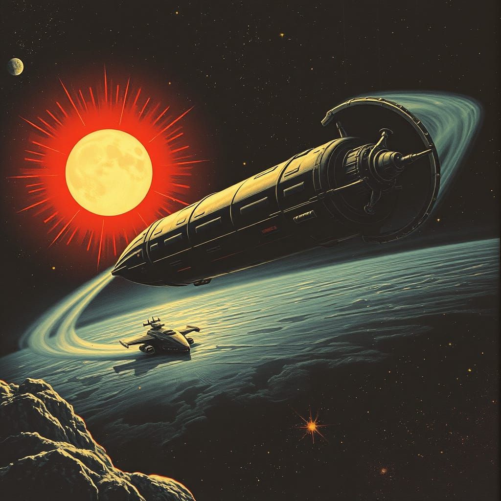 Ancient Spacecraft Orbits Frozen Star in Dark Vintage Pulp S...