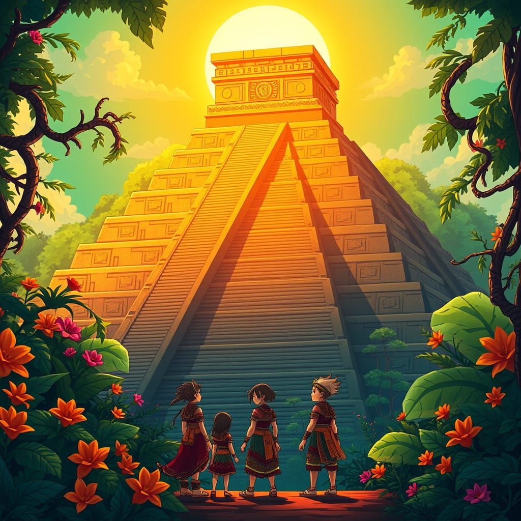 Ancient Aztec Pyramid in Vibrant Anime Style