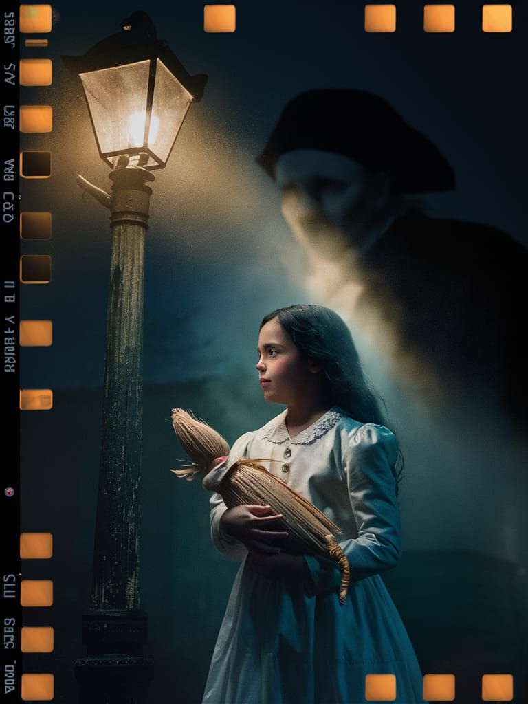 Girl with Cornhusk Doll Under Street Lamp in Mystical Mist