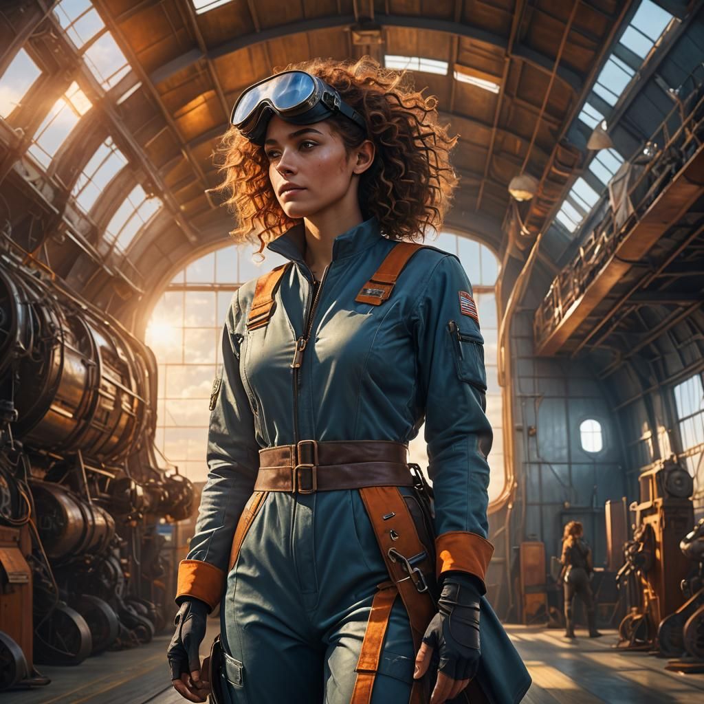Adventurous Heroine Zipping Coveralls in Airship Hangar