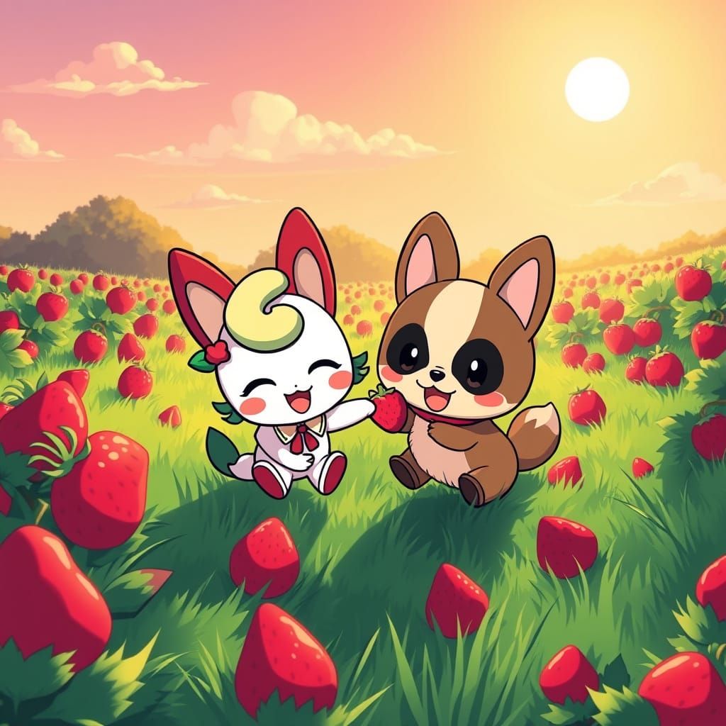 Cinamoroll and Poochachoo Play in a Vibrant Strawberry Field