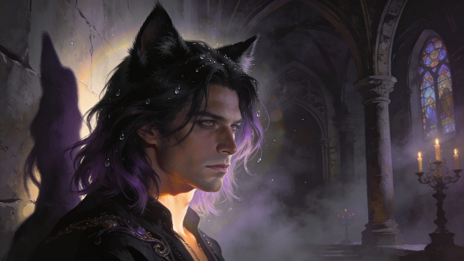 Gothic Man With Cat Ears in Misty Interior