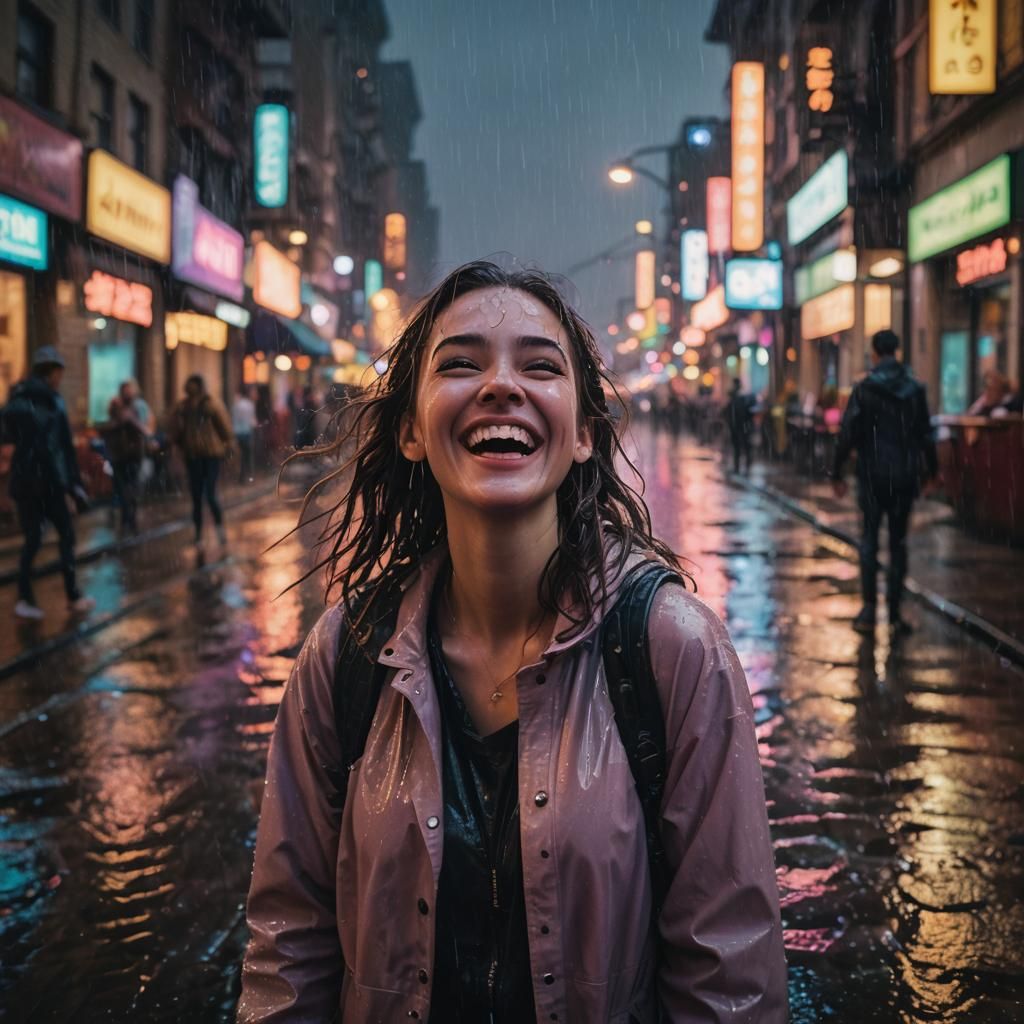 girl in a rain-soaked city street at twilight