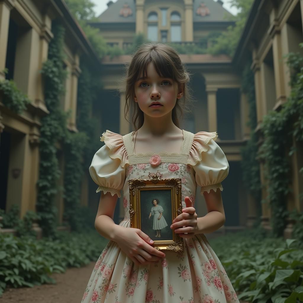 Girl in Floral Dress Before Abandoned Mansion