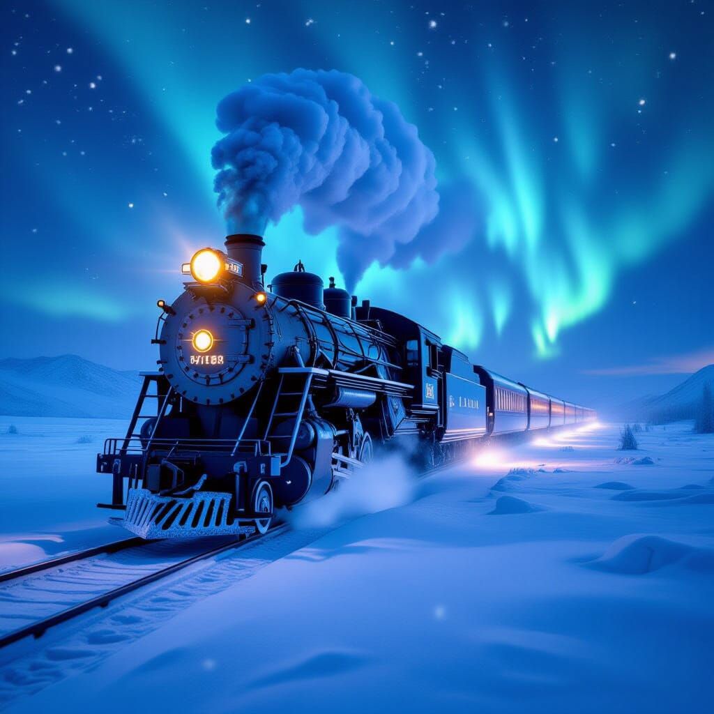 Frozen Steam Train on Tundra Under Aurora Sky