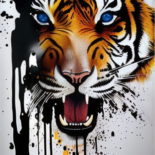 Melting Tiger Face with Ink Splatters