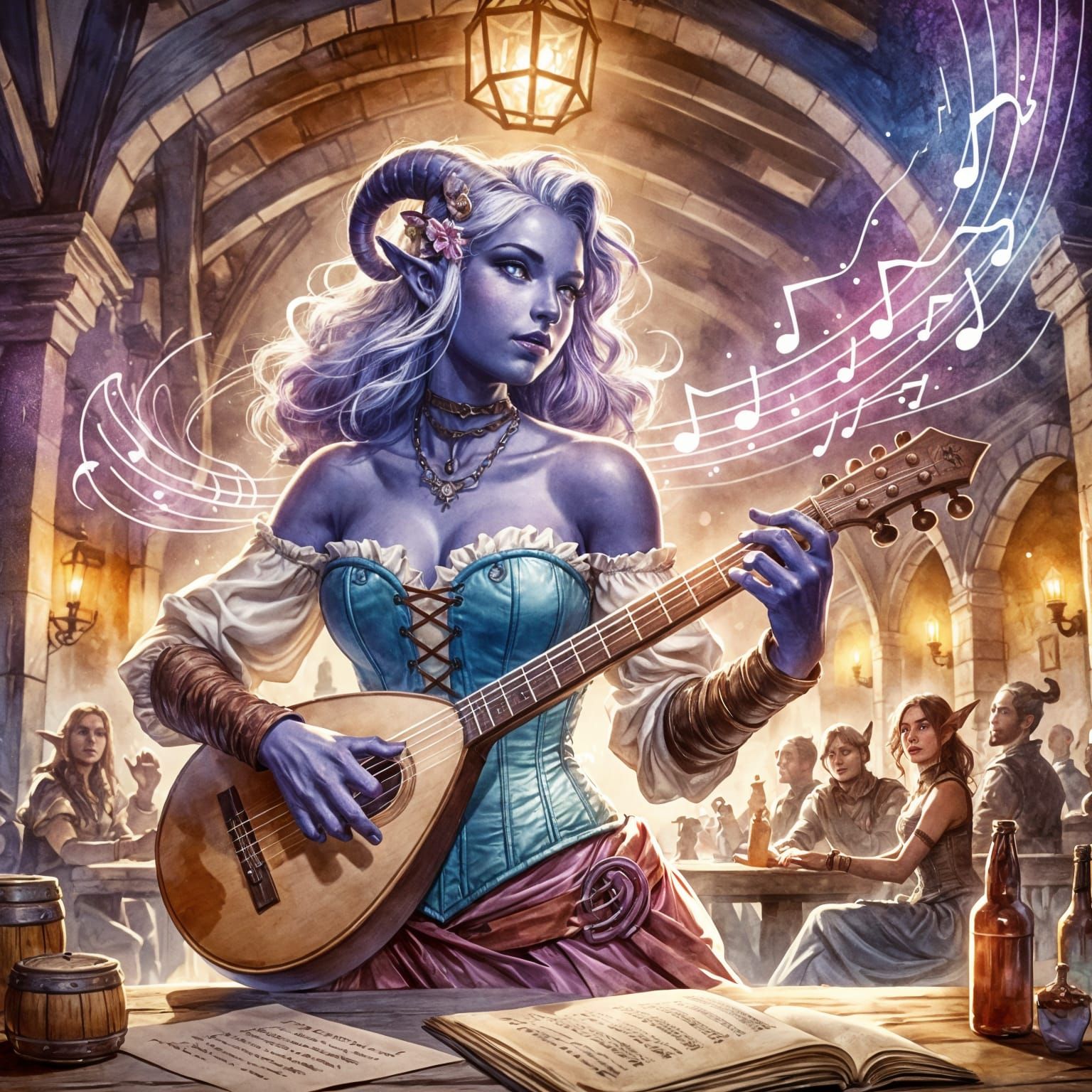 Tiefling Bard Performing in Tavern, Comic Style