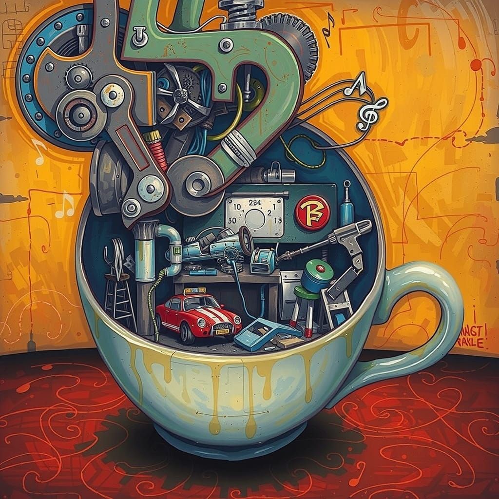Fantastical Coffee Cup Garage in Vibrant Mural Style