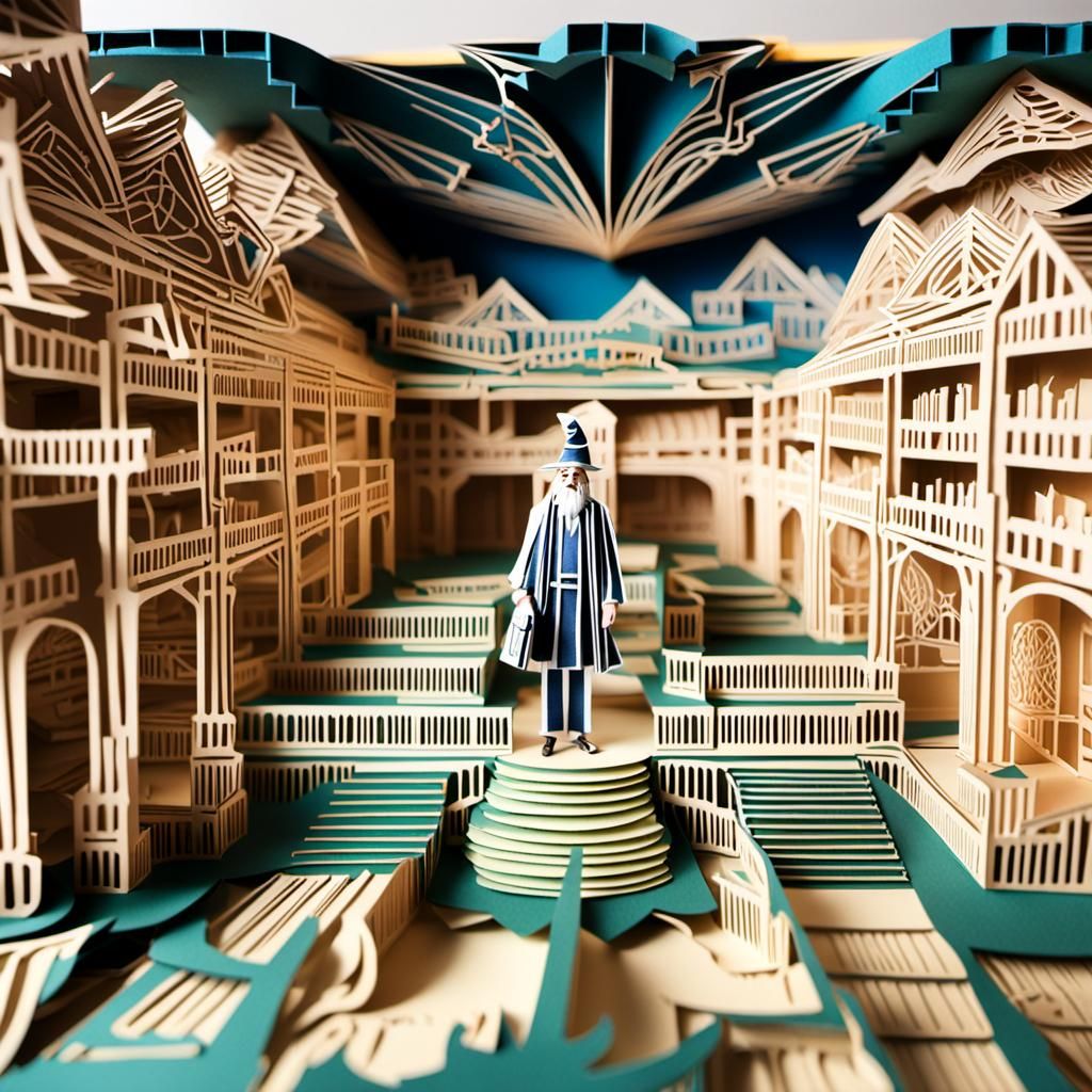 Kirigami Enchanted Library with Wizard