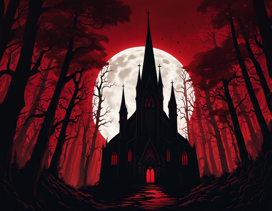 Gothic Cathedral Silhouette in Dark Forest