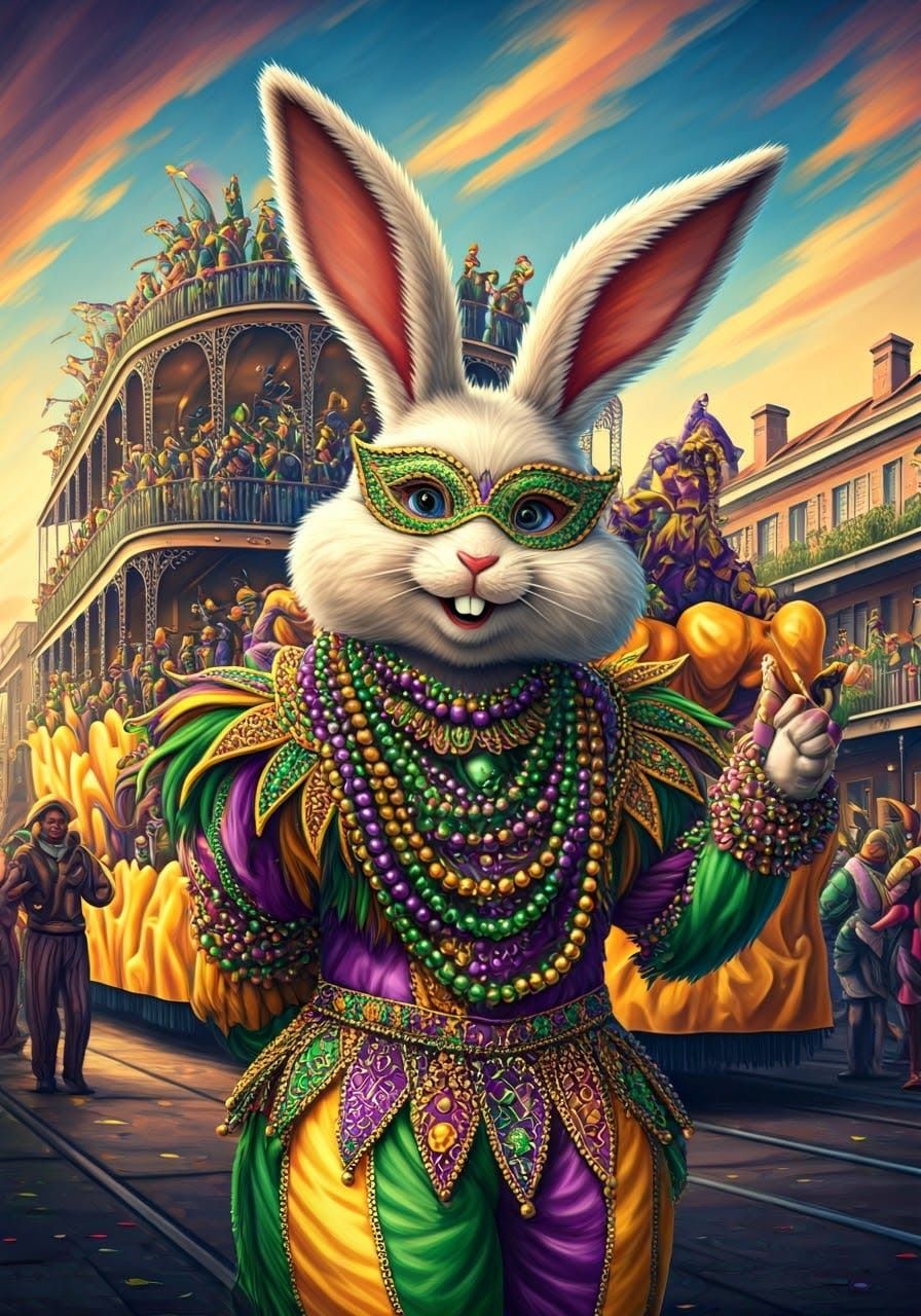 Vibrant Rabbit in Mardi Gras Attire Dances Amidst New Orlean...