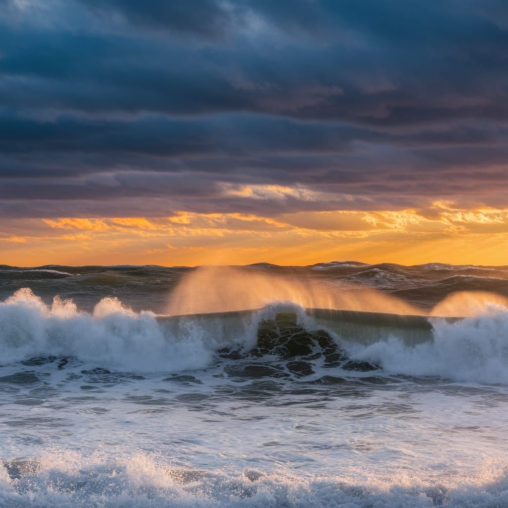 Turbulent Sea Under Stormy Sunset Sky