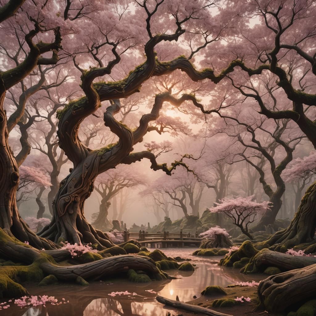Sakura Trees Entwined with Ancient Wood Carvings