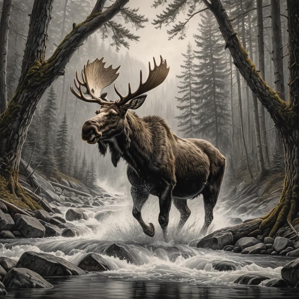 Moose Leaps from River: Hyperrealistic Pencil Art