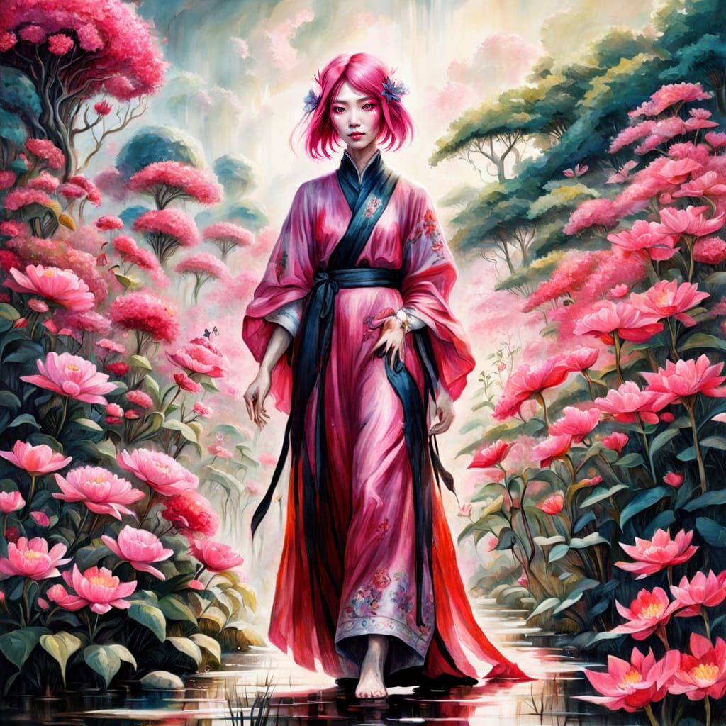 Slender Asian Woman in Pink Garden Oil Painting