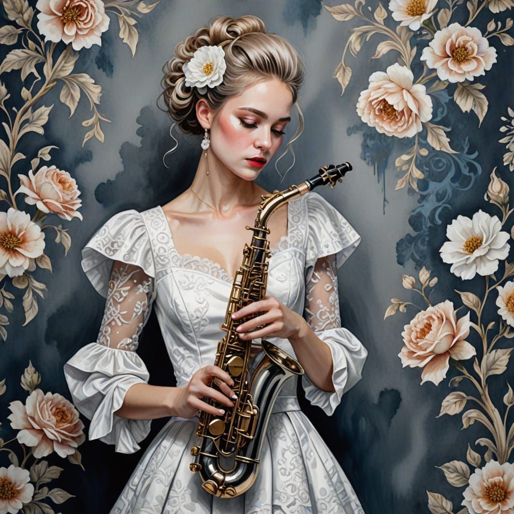 Elegant Young Girl in Pierrot Dress, Holding Silver Saxophon...